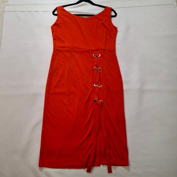 Venus Womens Sleek Pencil Coral Dress Size L Laced Slit Back Zipper Sleeveless - Picture 1 of 14